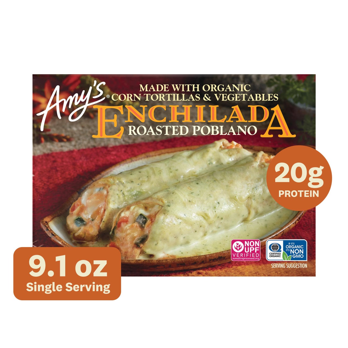 Amy's Frozen Meal, Roasted Poblano Enchilada, Made With Organic Corn and Vegetables, Gluten Free Microwave Meal, 9.1 Oz