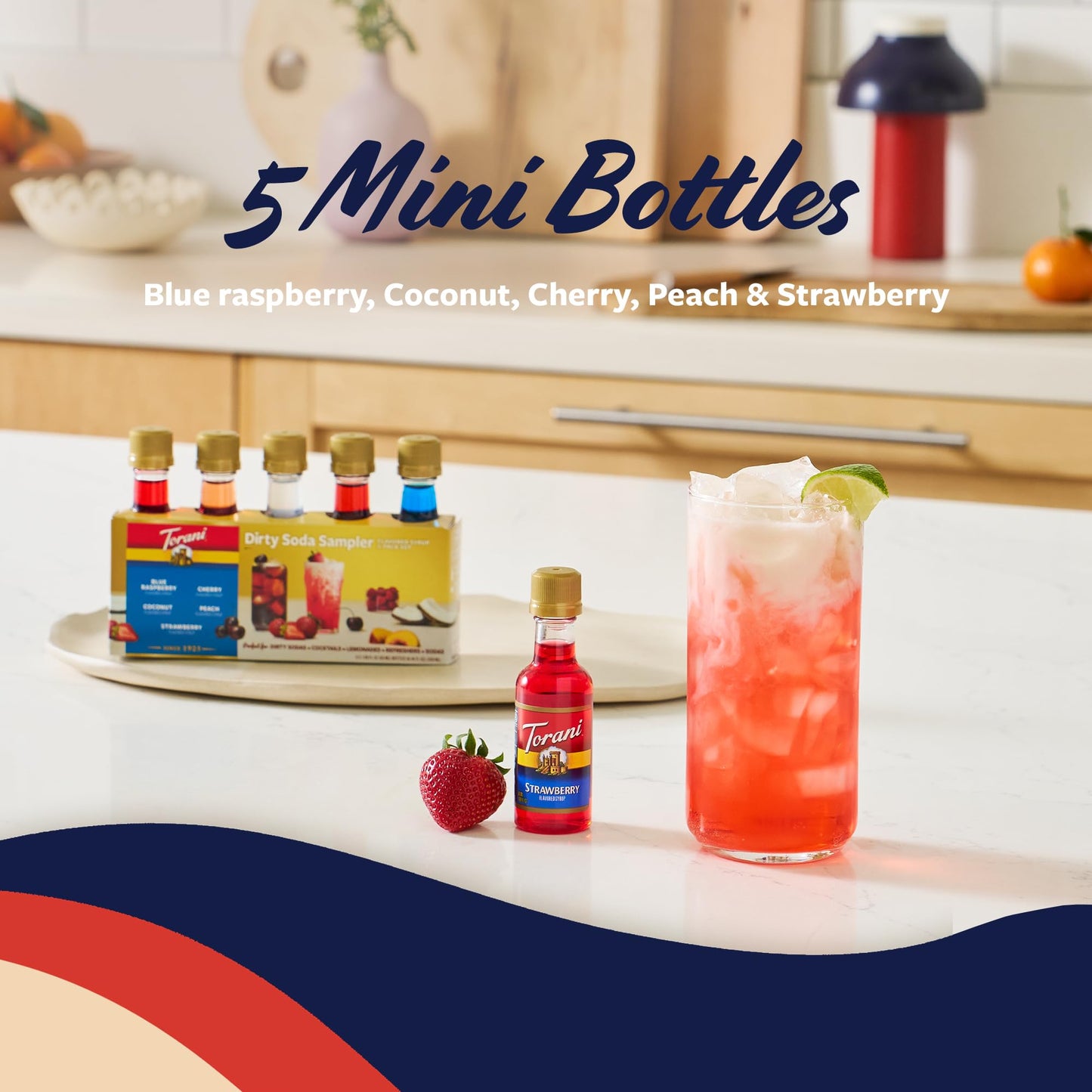 Torani Dirty Soda Sampler 5-Pack, Mini Syrups Gift Set - Coconut, Strawberry, Blue Raspberry, Peach, and Cherry, 1.7 Oz Ea