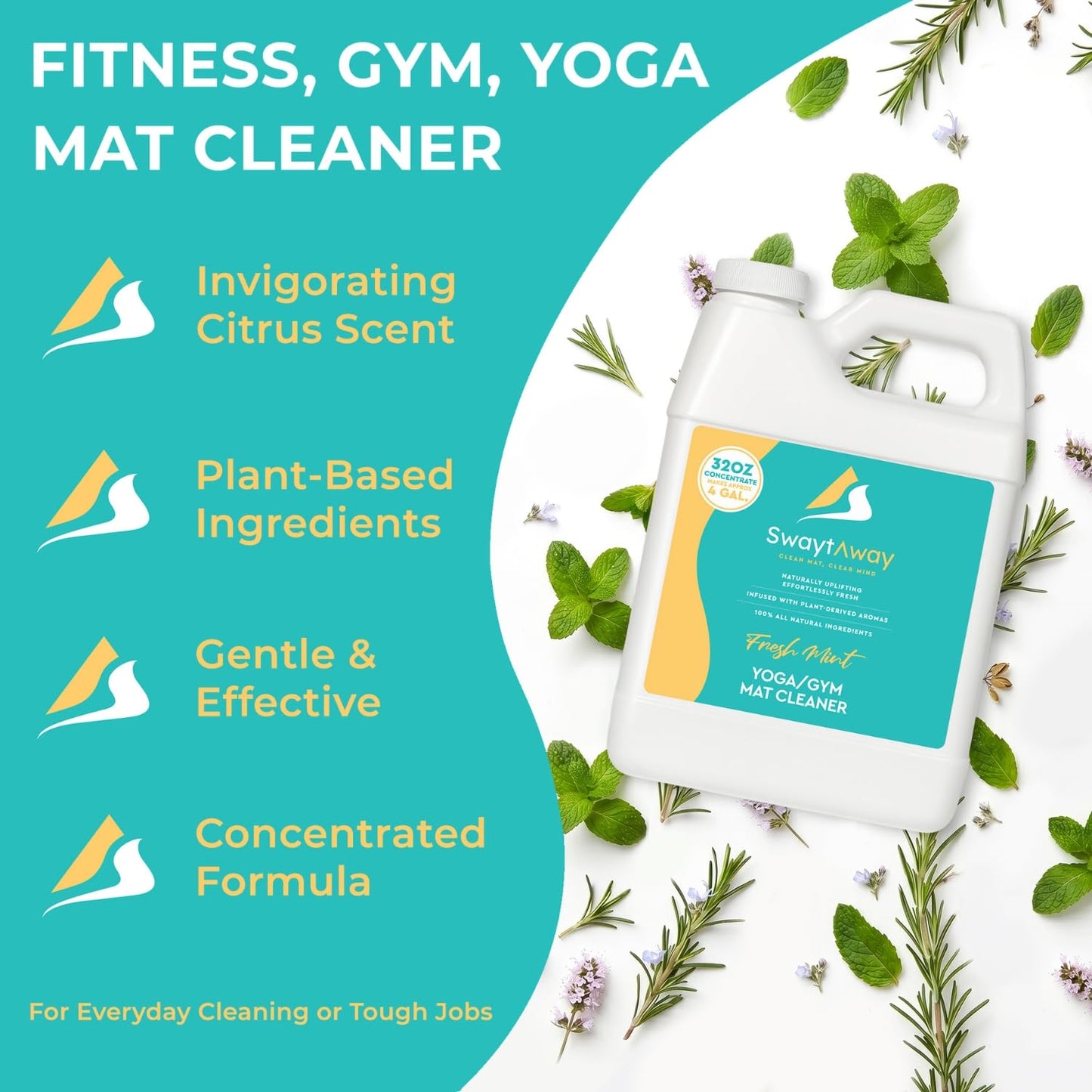 SwaytAway Fitness Mat Cleaner Concentrate - 32oz/Make 4 Gal - No-Slip No-Residue Fresh Mint Essential Oil Formula - USA Made Aromatherapy Yoga Mat