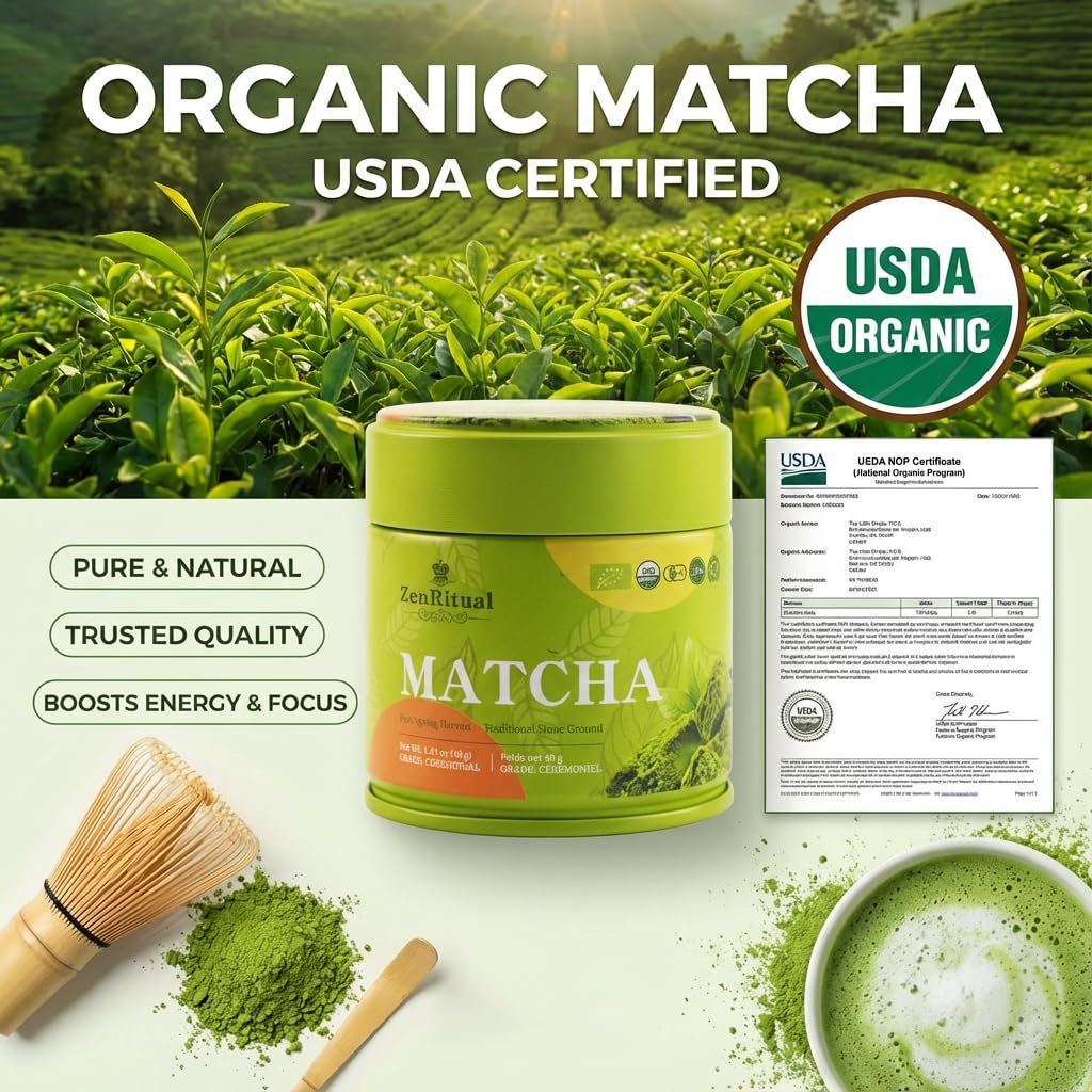 ZenRitual Ceremonial Grade Matcha Powder - Pure Organic Green Tea, 1.41 oz (40 Single Servings) Tin - Authentic Stone Ground, Eurofins Tested - Zero