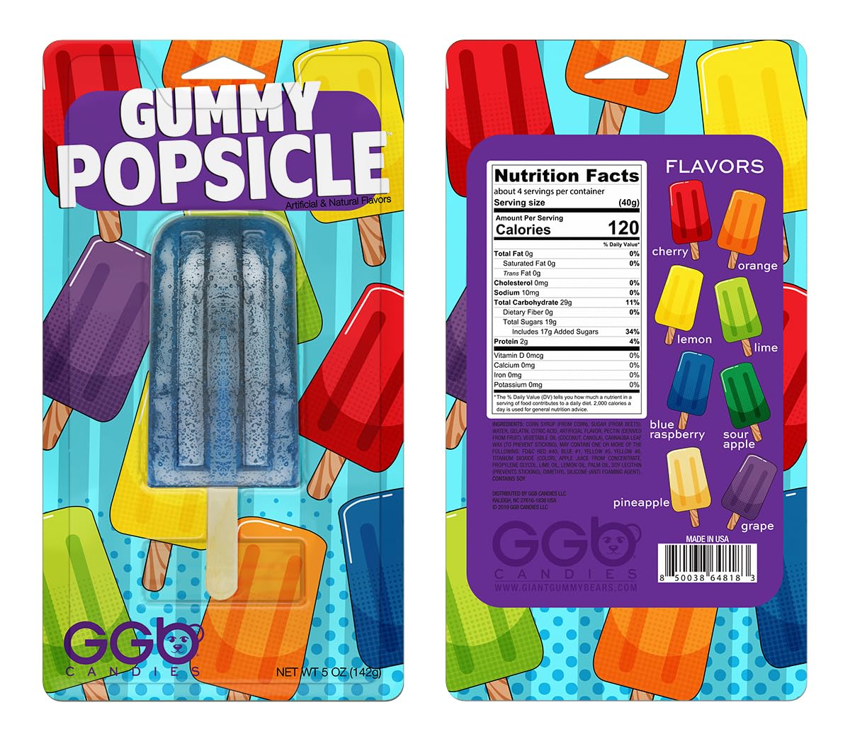 Gummy Popsicle: A Cool Treat with a Variety of Flavor Choices, by GGB Candies (Cherry & Blue Raspberry / 2-Pack)