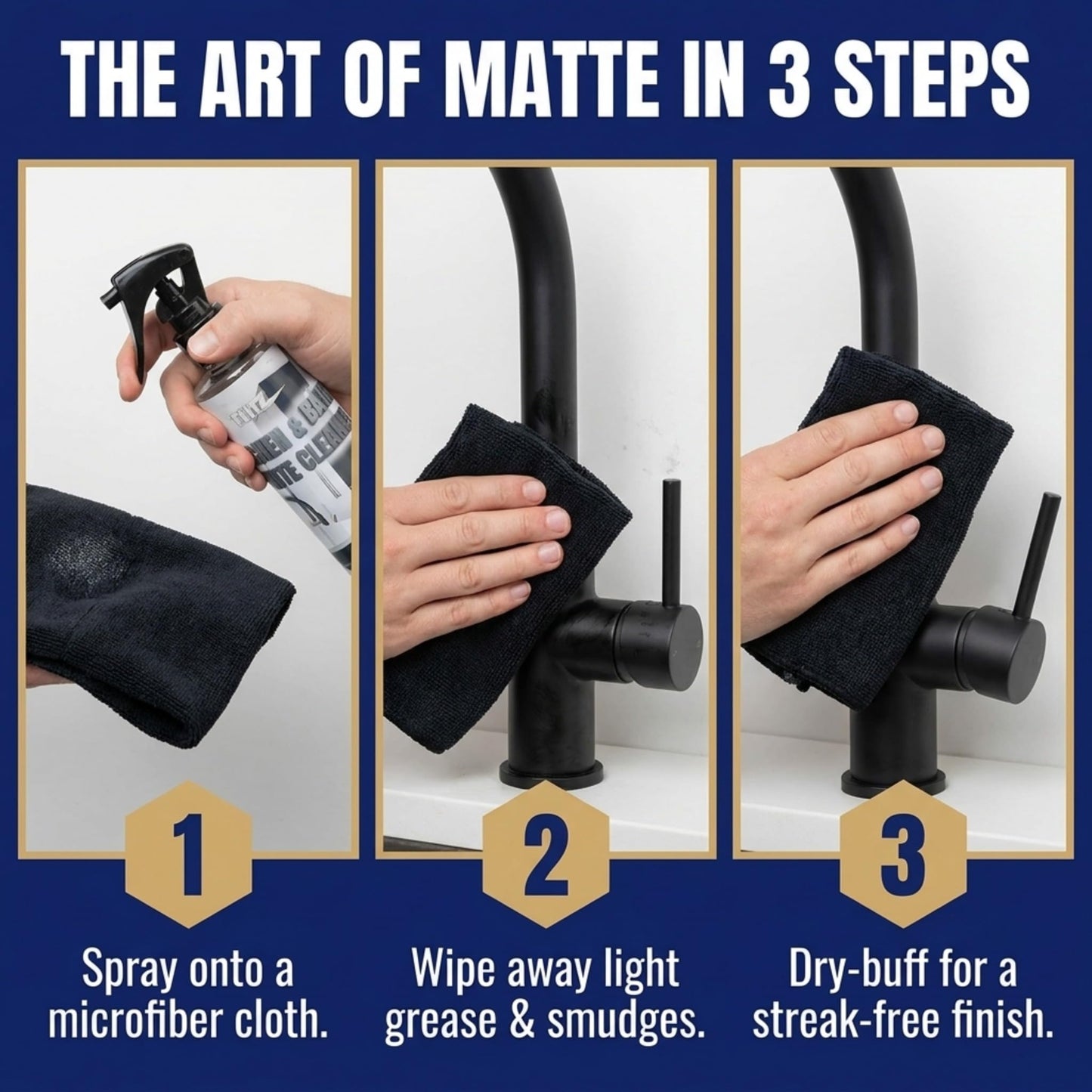 FLITZ Kitchen & Bath Matte Cleaner - 8oz of USA-Made Non-Abrasive Matte Black Cleaner - Removes Light Grease, Smudges, and Water Spots - Water-Based