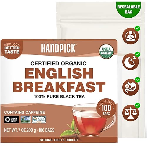 HANDPICK, Organic English Breakfast Black Tea Bags (100 Count) USDA Organic, Non-GMO | Strong, Robust, High-Caffeine Black Tea | Eco-conscious Tea