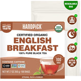 HANDPICK, Organic English Breakfast Black Tea Bags (100 Count) USDA Organic, Non-GMO | Strong, Robust, High-Caffeine Black Tea | Eco-conscious Tea