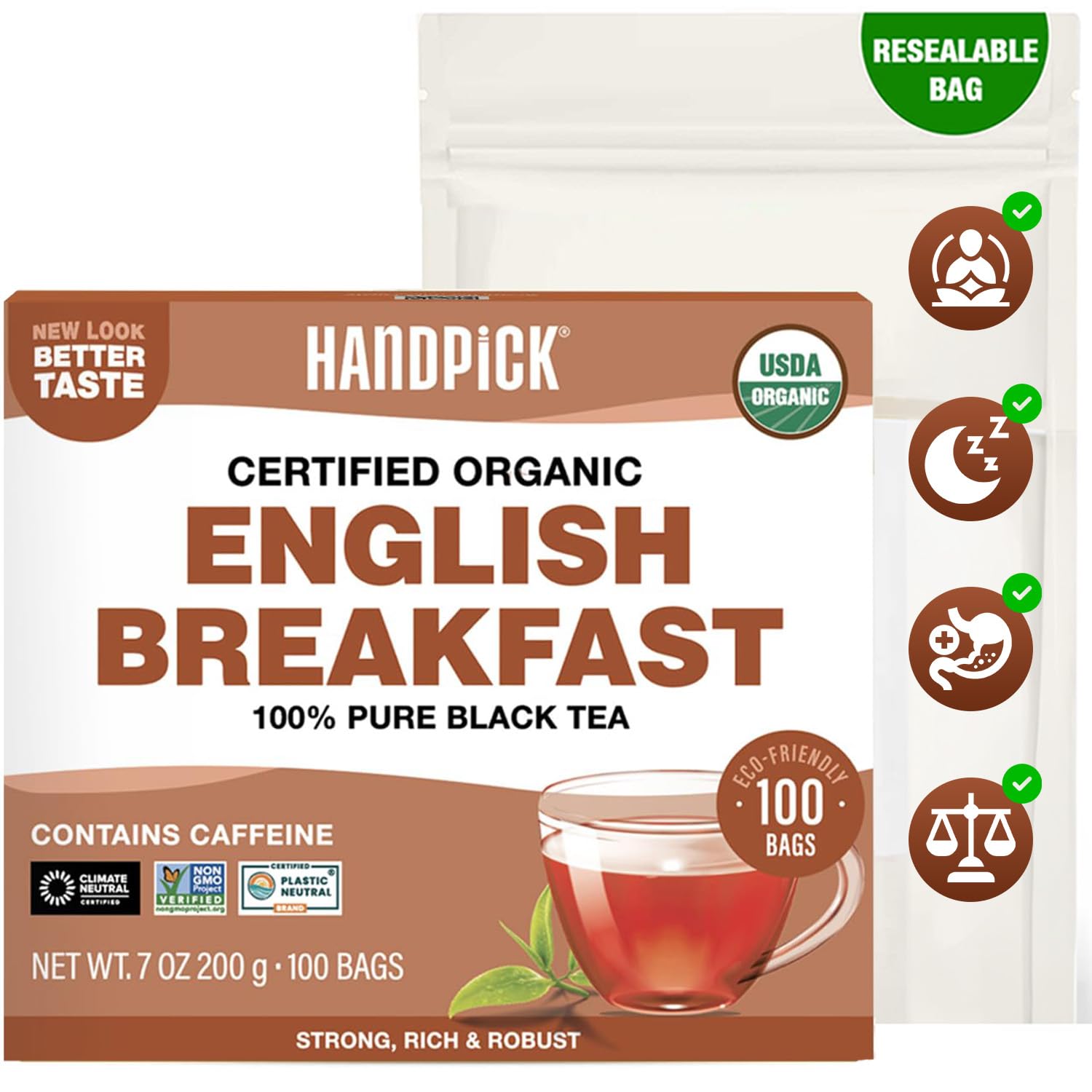 HANDPICK, Organic English Breakfast Black Tea Bags (100 Count) USDA Organic, Non-GMO | Strong, Robust, High-Caffeine Black Tea | Eco-conscious Tea