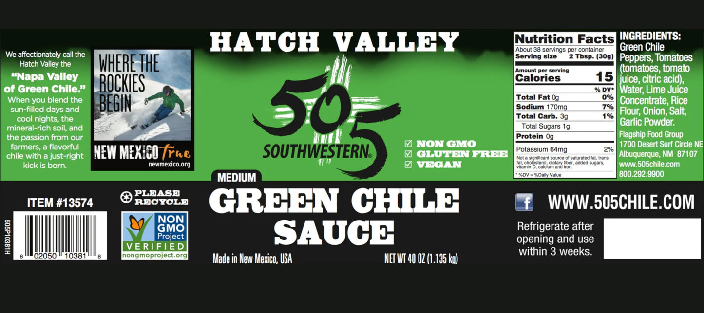505 Southwestern Hatch Valley Medium Green Chile Sauce 40oz | Certified Non-GMO, Gluten Free & Vegan | Flavorful Hatch Valley Sauce for Eggs, Pork