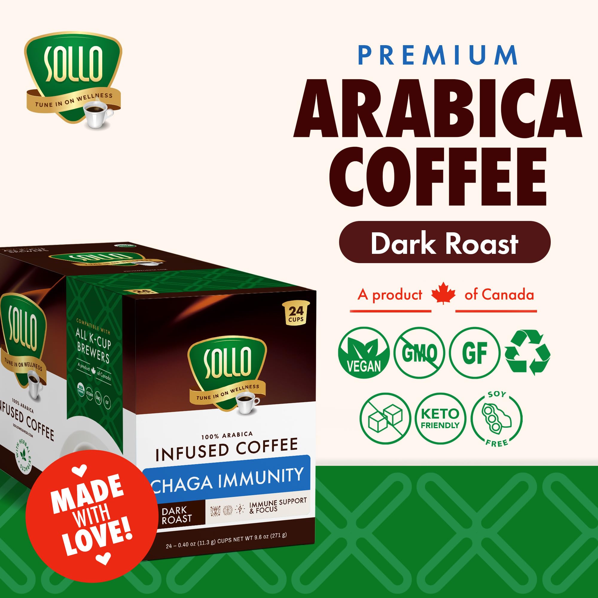 SOLLO Infused Mushroom Coffee K-Cups | Dark Roast Coffee with 100% Chaga Extract | Focus & Immune Support | Compatable with All K-Cups Brewers | 24