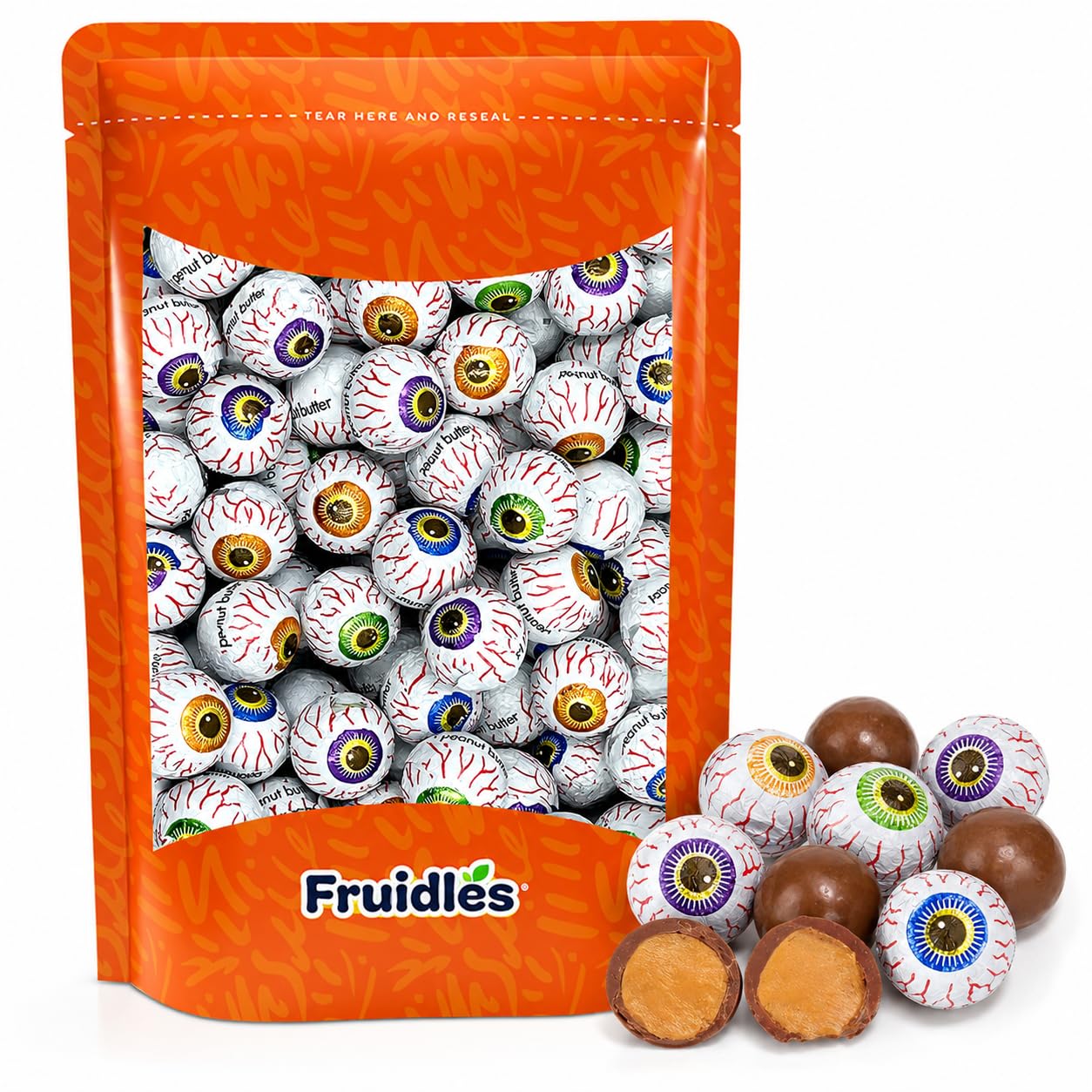 1 Pound Halloween Peanut Butter Spooky Eye Balls, Trick-Or-Treat Party Bag Fillers, Individually Wrapped in Multi-color Eye Design Foils, Kosher