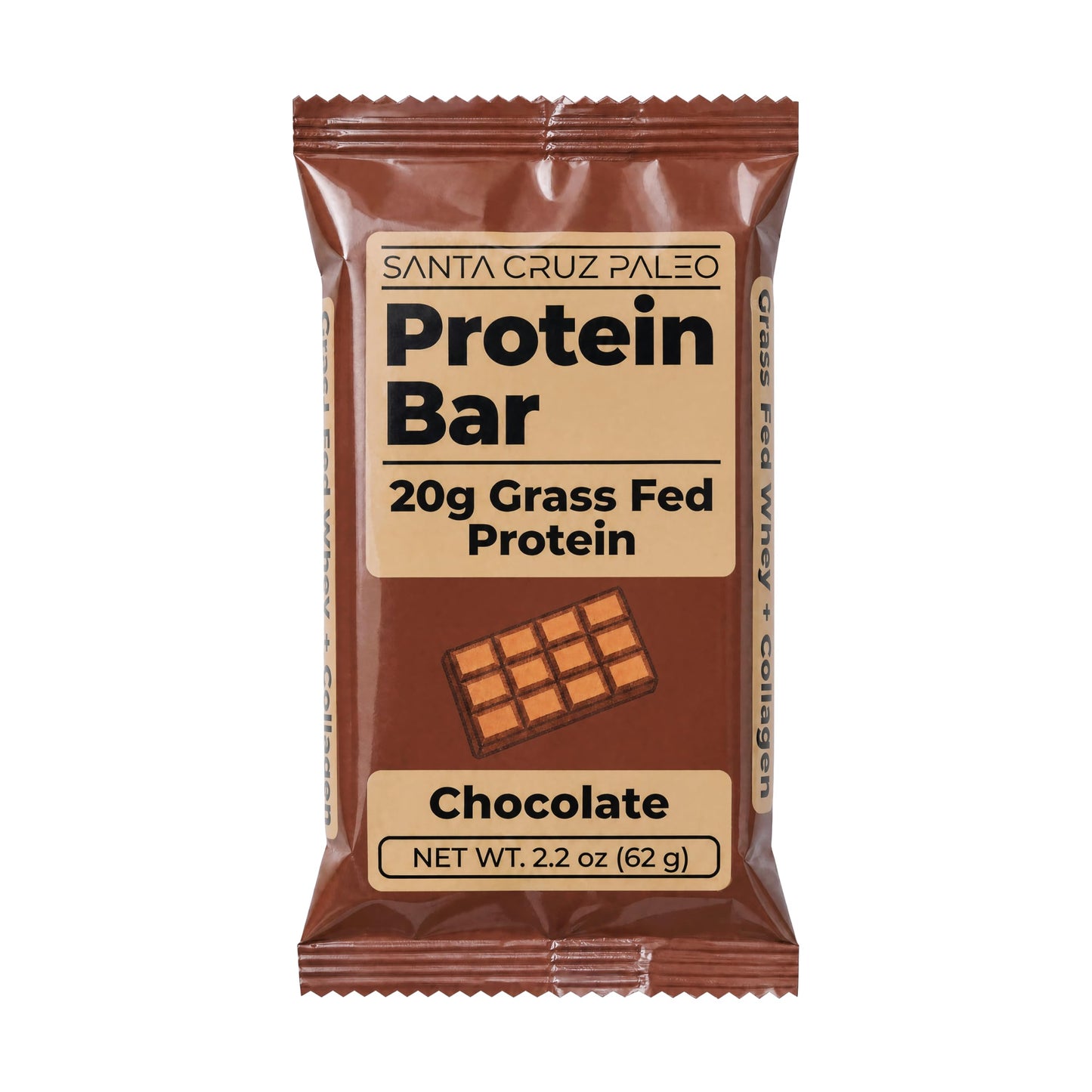 Santa Cruz Paleo Protein Bar - 20g Grass-Fed Whey & Collagen Protein - Wildflower Honey Sweetened, No Seed Oils, High Protein Snack Bar (Chocolate