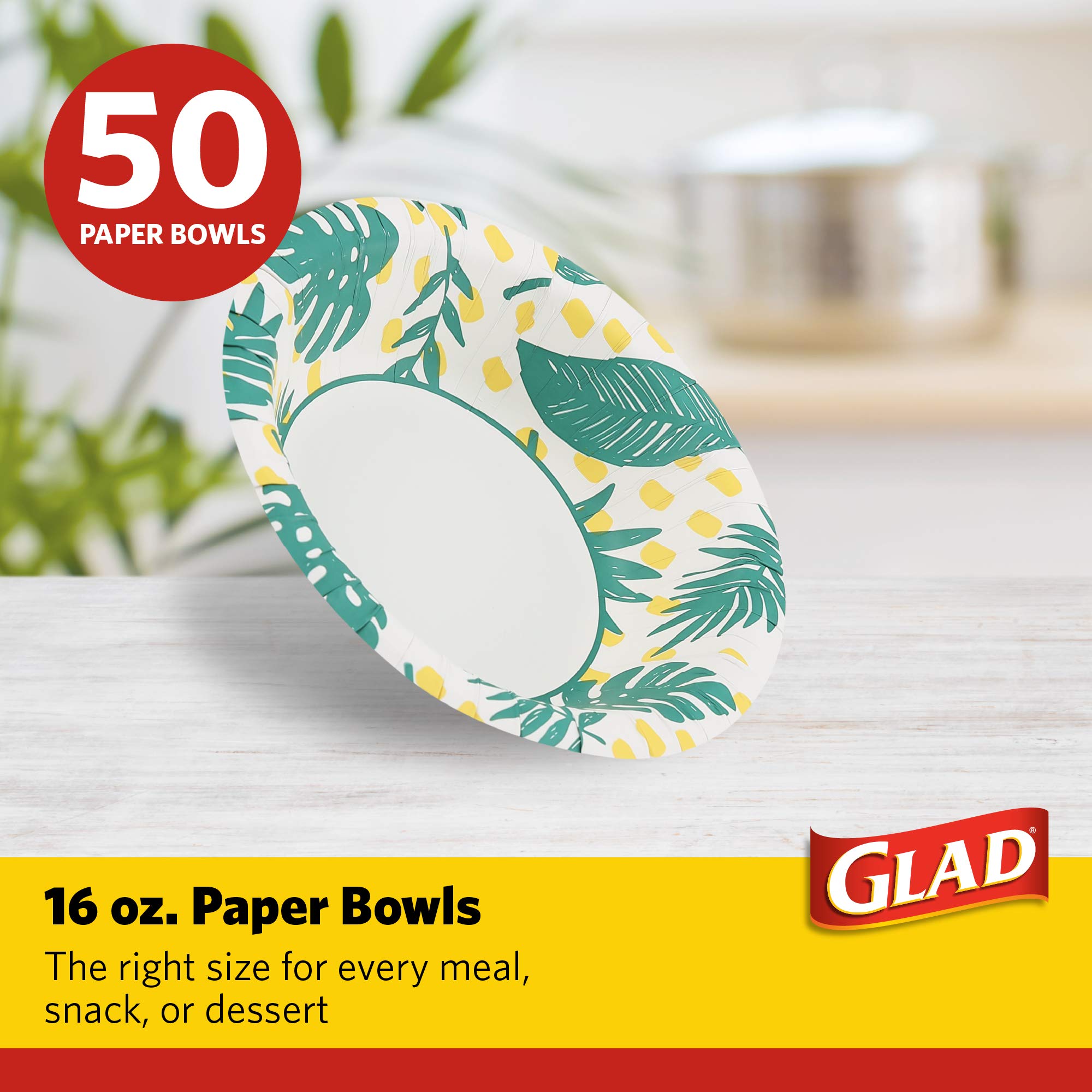 Glad Soak-Proof Palm Leaves Paper Bowls, Heavy-Duty Round Disposable Bowls for Soup, Salad and Snacks, Cut-Resistant and Microwave Safe for Daily