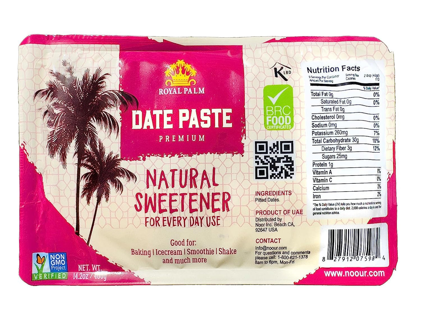 Royal Palm Premium Date Paste 14.2oz (400g), Natural, Pure, Non-GMO, Vegan Date Paste Healthy Sweetener for Baking & Cooking, Gluten-Free, Premium