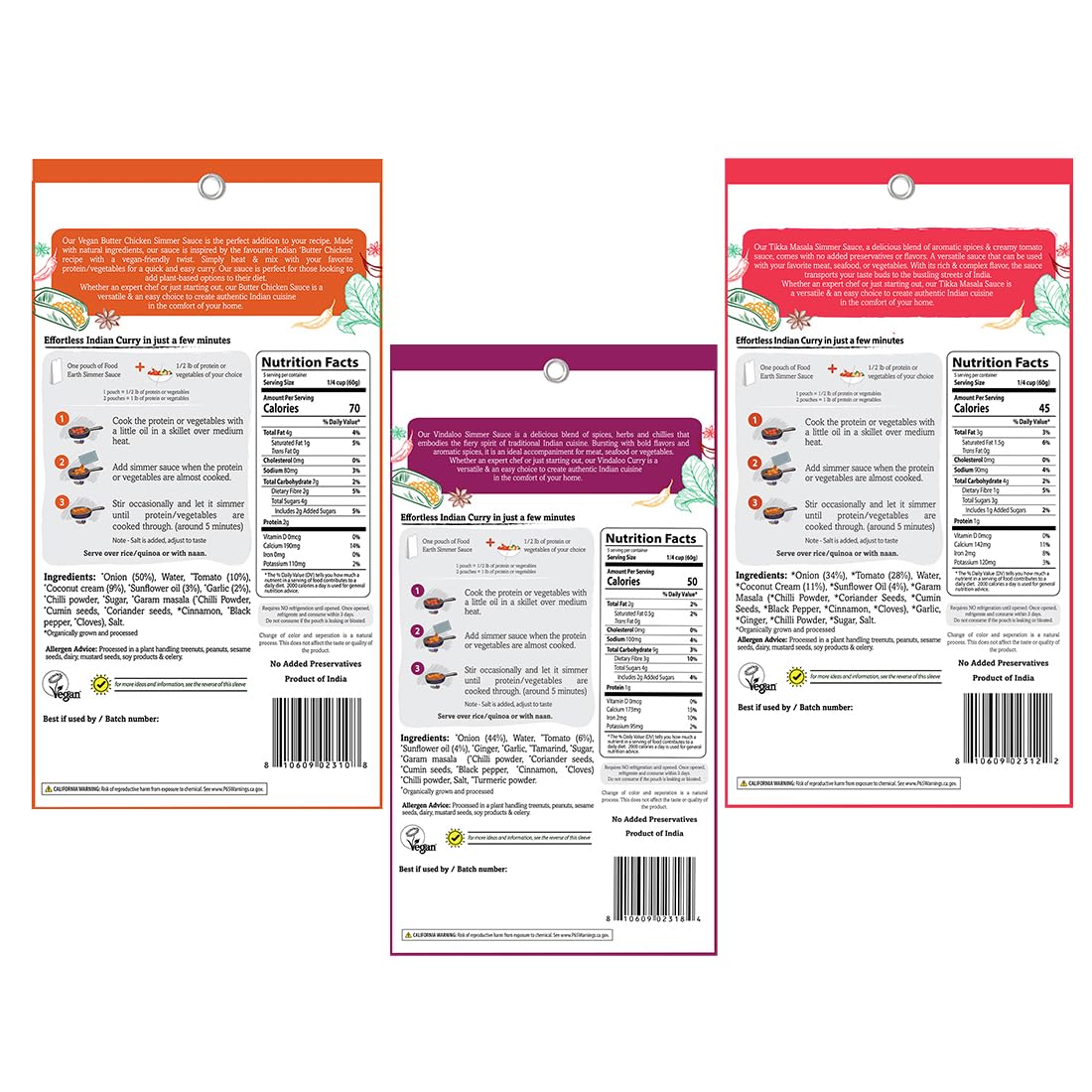 Food Earth Indian Simmer Sauce Trio - Vindaloo, Butter Chicken, Tikka Masala - Organic, Vegan, Gluten-Free, GMO-Free - 6 Prepackaged Pouches (5.29 oz