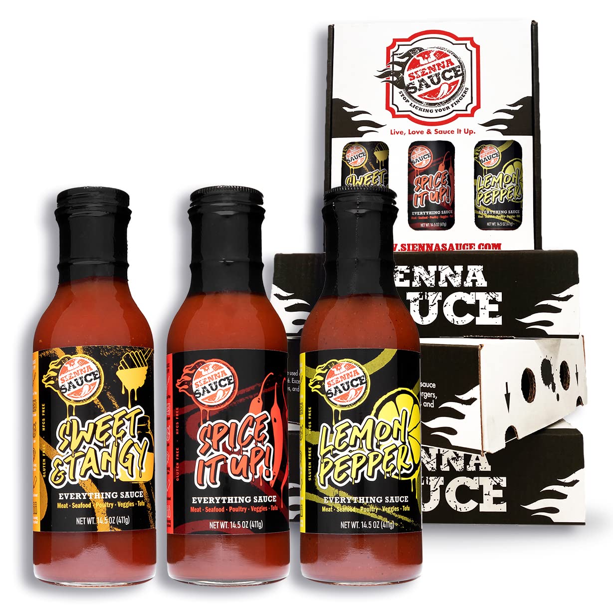 Sienna Sauce - Spice It Up, Sweet & Tangy & Lemon Pepper Variety Pack, Clean Ingredients, Gluten Free, No HFCS and Healthy, Everything Sauce - As Seen