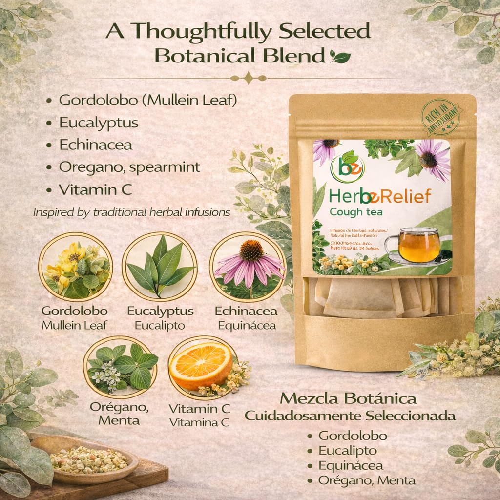 HerbeRelief Tea - Aromatic Botanical Infusion w/Gordolobo (Mullein Leaf),Oregano,Spearmint, Eucalyptus, Echinacea & Vitamin C - 24 Tea Bags (2000 mg