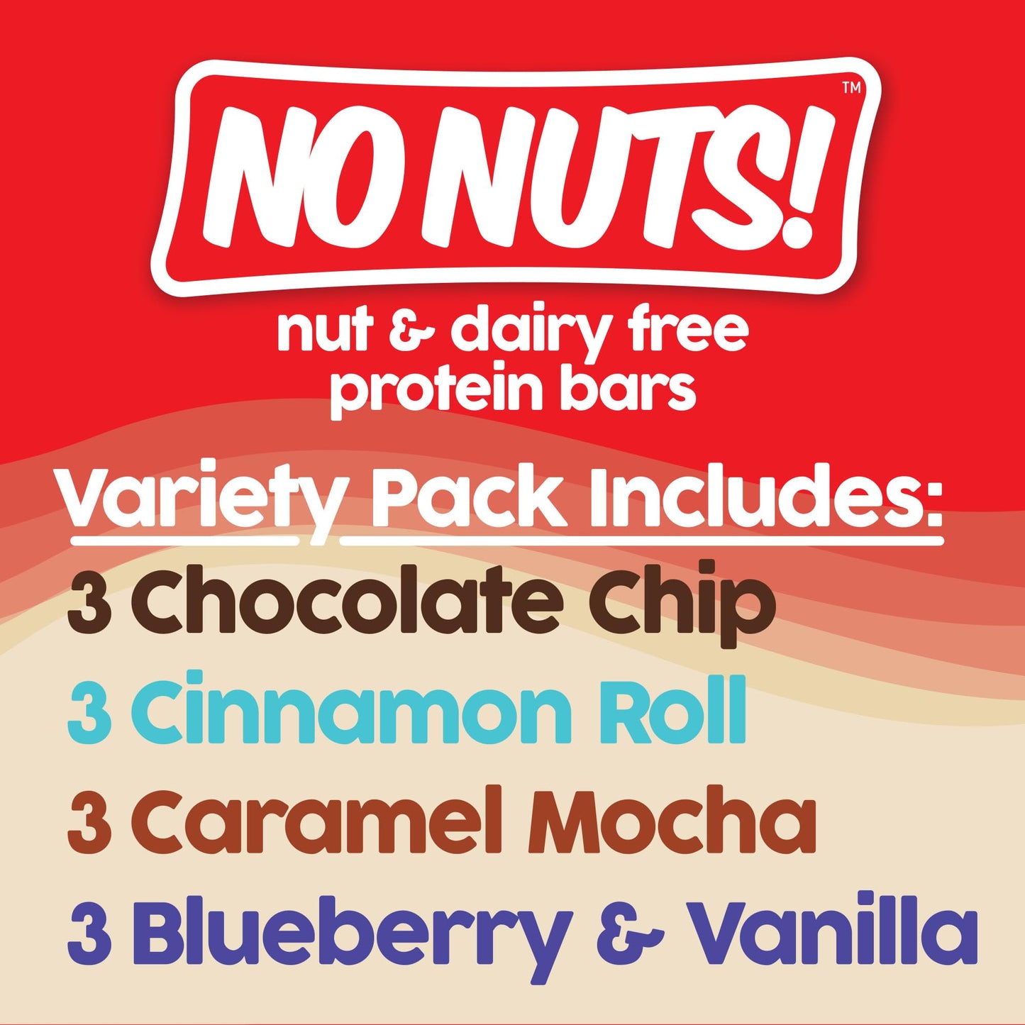 No Nuts! Protein Bar Variety Pack - 12 Count | Nut-Free & School-Safe | Chocolate Chip, Caramel Mocha, Cinnamon Roll & Blueberry Vanilla | Dairy-Free