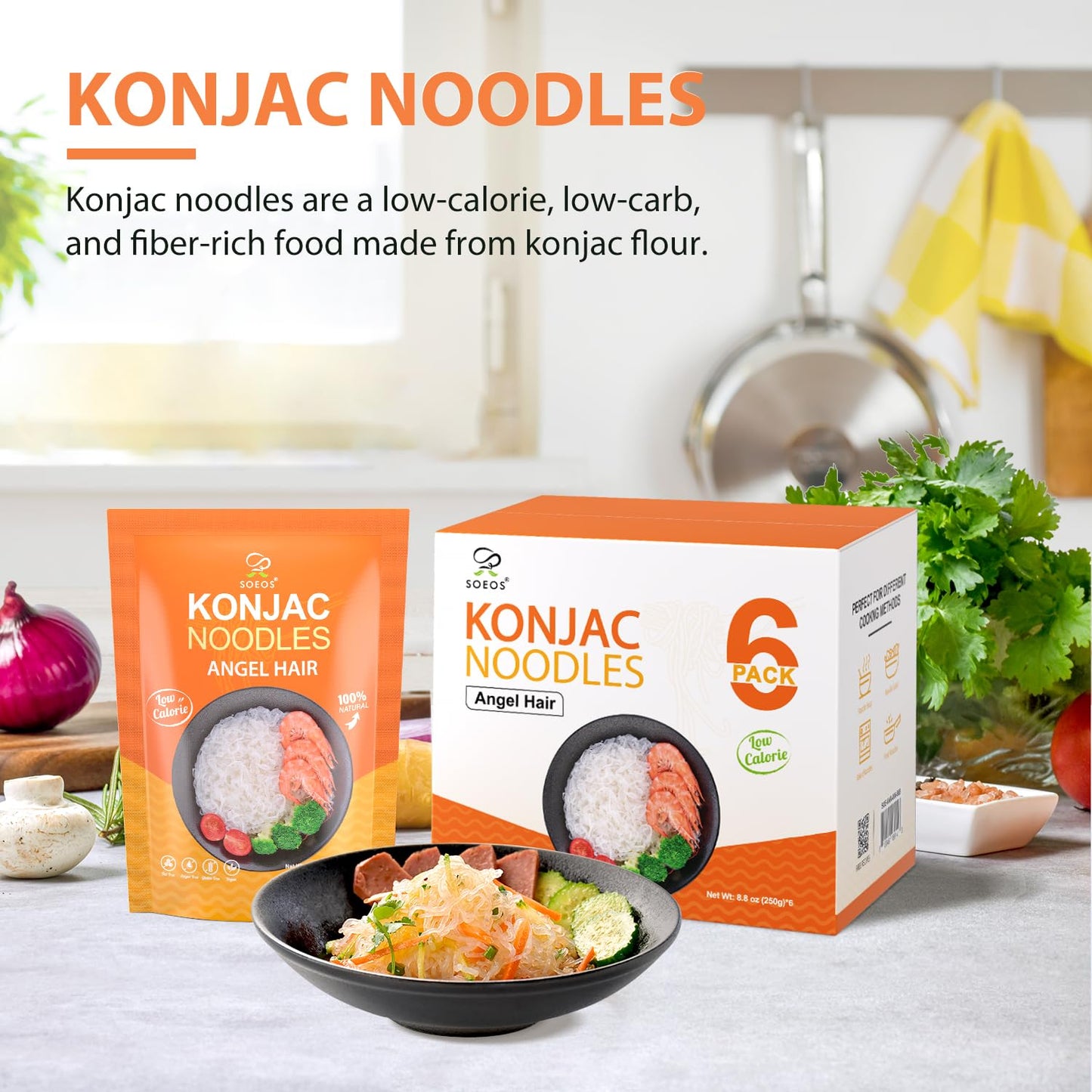 Soeos Konjac Noodles, Angel Hair Pasta, 8.8 oz (250g)*6 Pack, Low Calorie, Low Carb, Keto and Paleo Friendly Shirataki Noodle, Gluten-Free, Fat Free