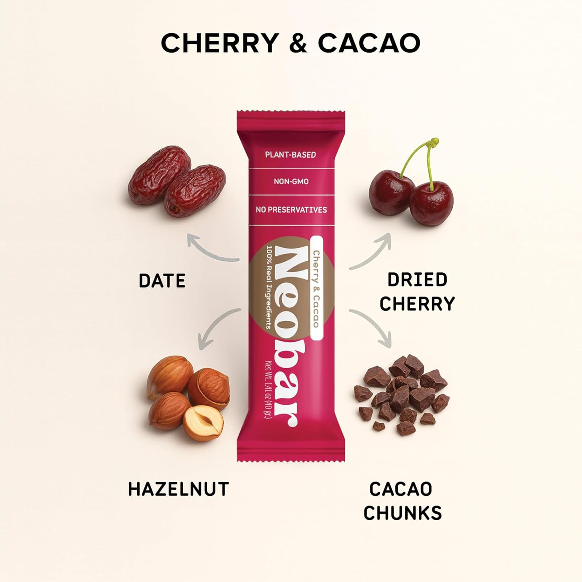 NEOBAR Cherry Cacao Fruit and Nut Bars - Plant-Based Vegan Snack Bars, Gluten Free Dairy Free Snacks, No Added Sugar, No Preservatives, Non-GMO | 12