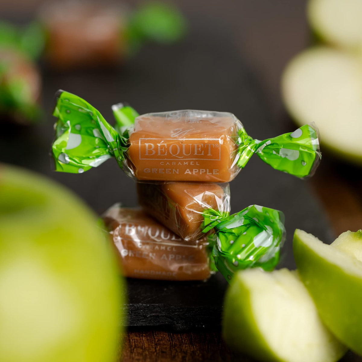 Béquet Green Apple Caramels - Soft Gourmet Candy - 24oz Resealable Pouch