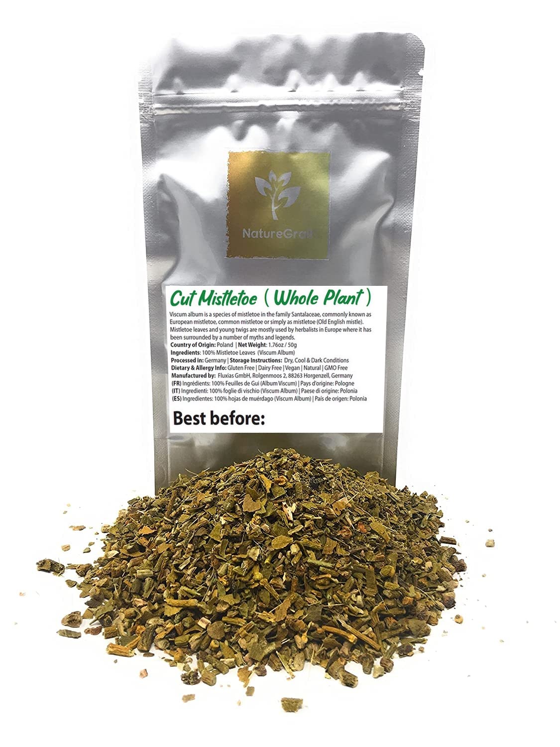 Dried Cut Mistletoe From The Whole Plant - Old English Mistle Herbal Tea - Ingredients: 100% Mistletoe Leaves (Viscum Album) - Net Weight: 1.76oz