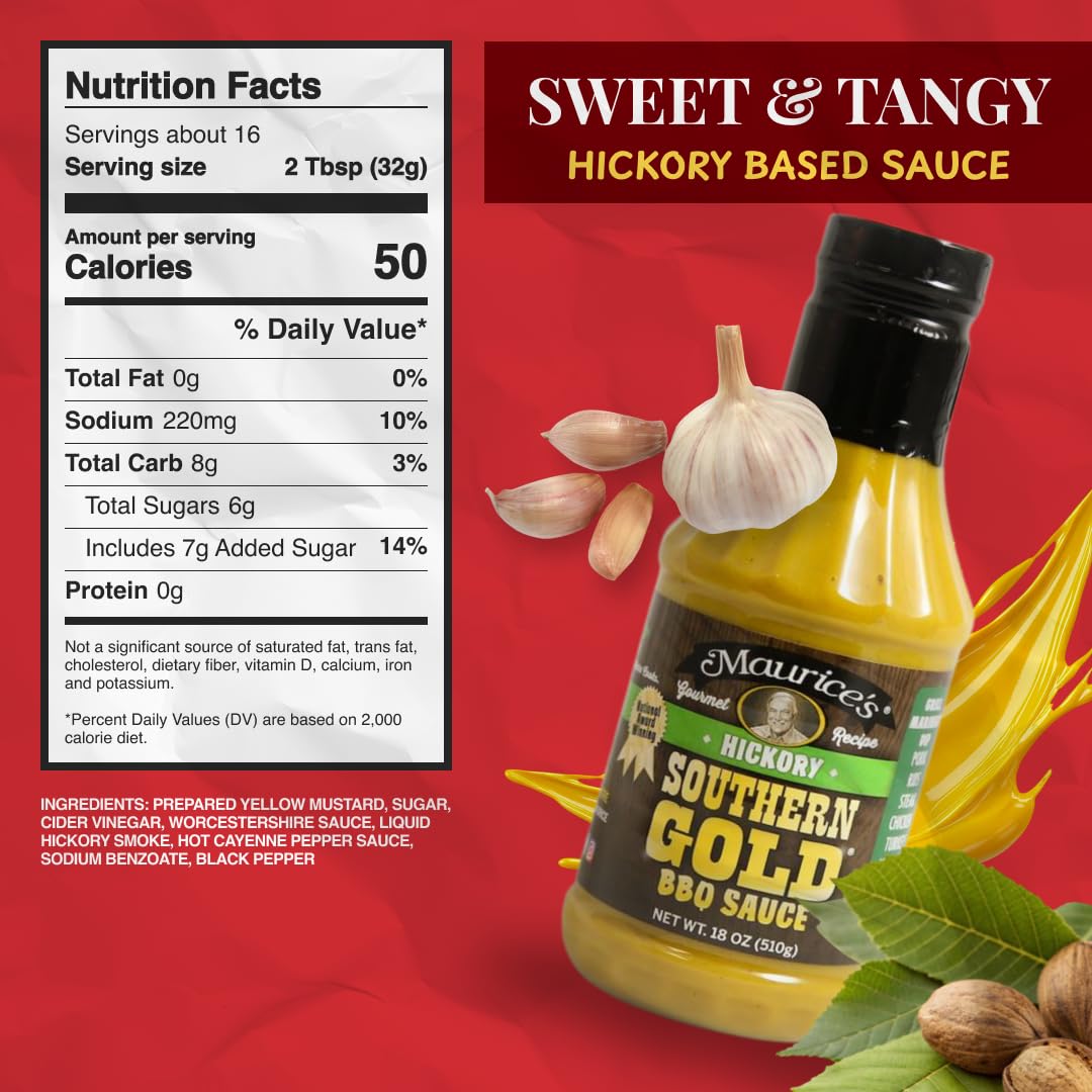 Maurice’s Southern Gold BBQ Sauce, Hickory - Smoke-Kissed Carolina Gold Barbecue Sauce - Authentic Southern Carolina Barbeque Dressing - Mustard Based