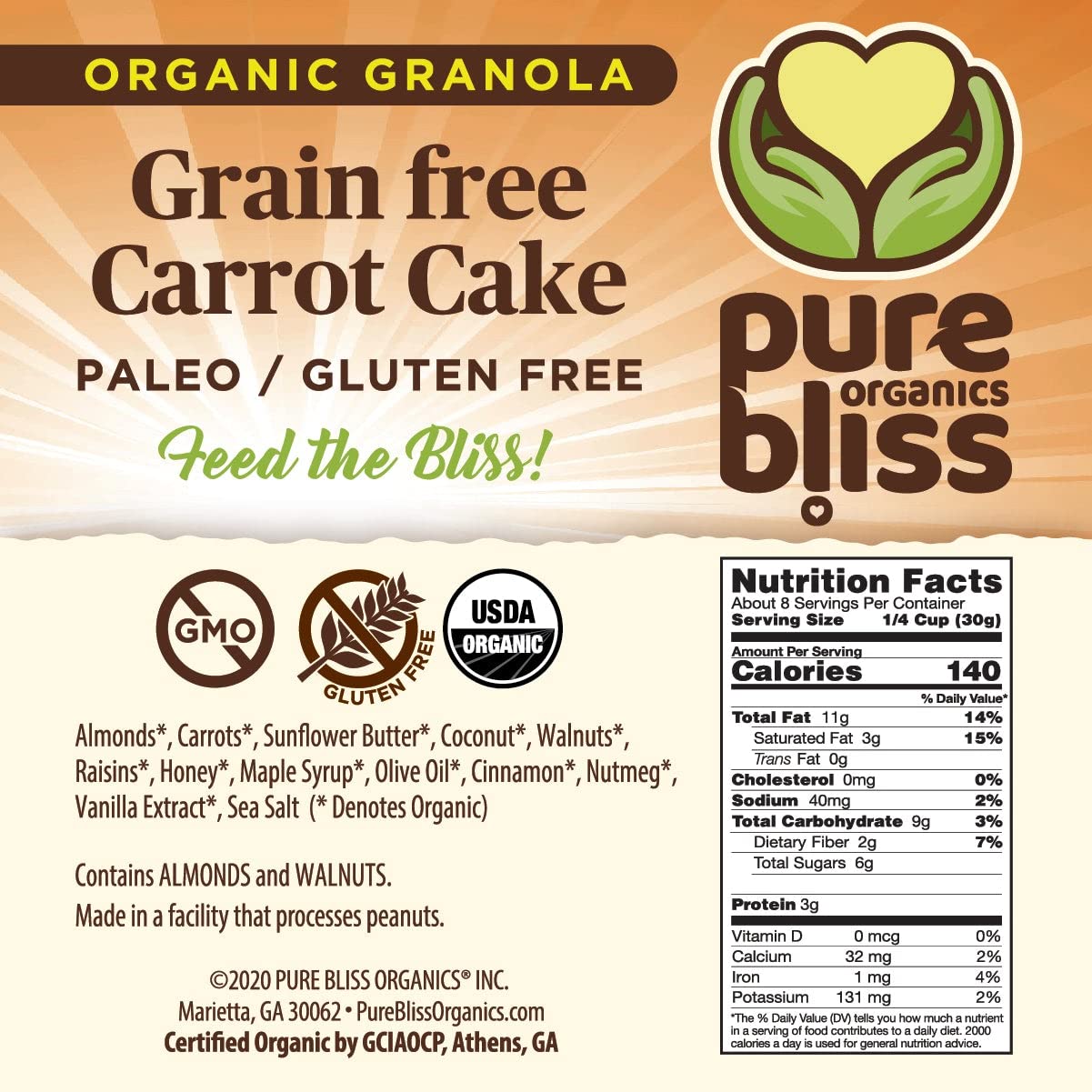 Pure Bliss Organic Grain Free Granola (Carrot Cake) Paleo Friendly, Gluten Free, Vegan, Best-Tasting, Non-GMO, Low Carb Snack, All Real Super Food