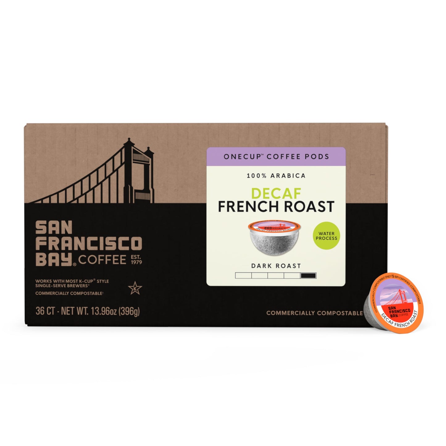 San Francisco Bay Decaf K-Cup Coffee Pods, Decaf French Roast (36 ct), Dark Roast, Commercially Compostable Single-Serve Coffee Pods, Swiss Water