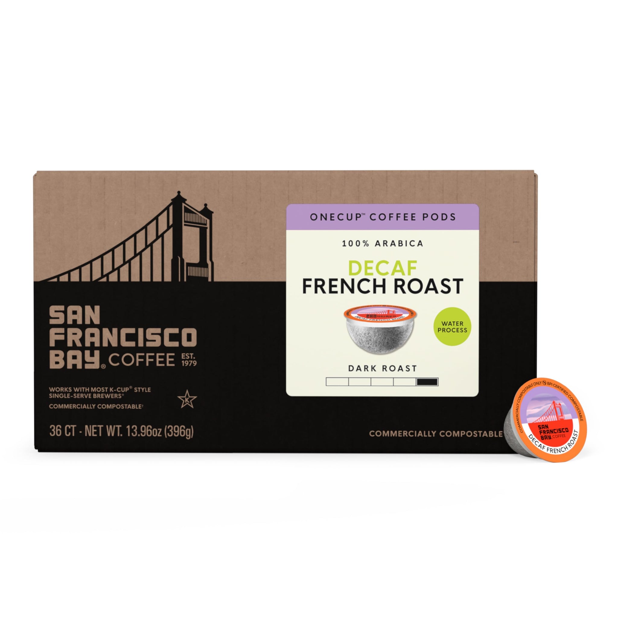 San Francisco Bay Decaf K-Cup Coffee Pods, Decaf French Roast (36 ct), Dark Roast, Commercially Compostable Single-Serve Coffee Pods, Swiss Water