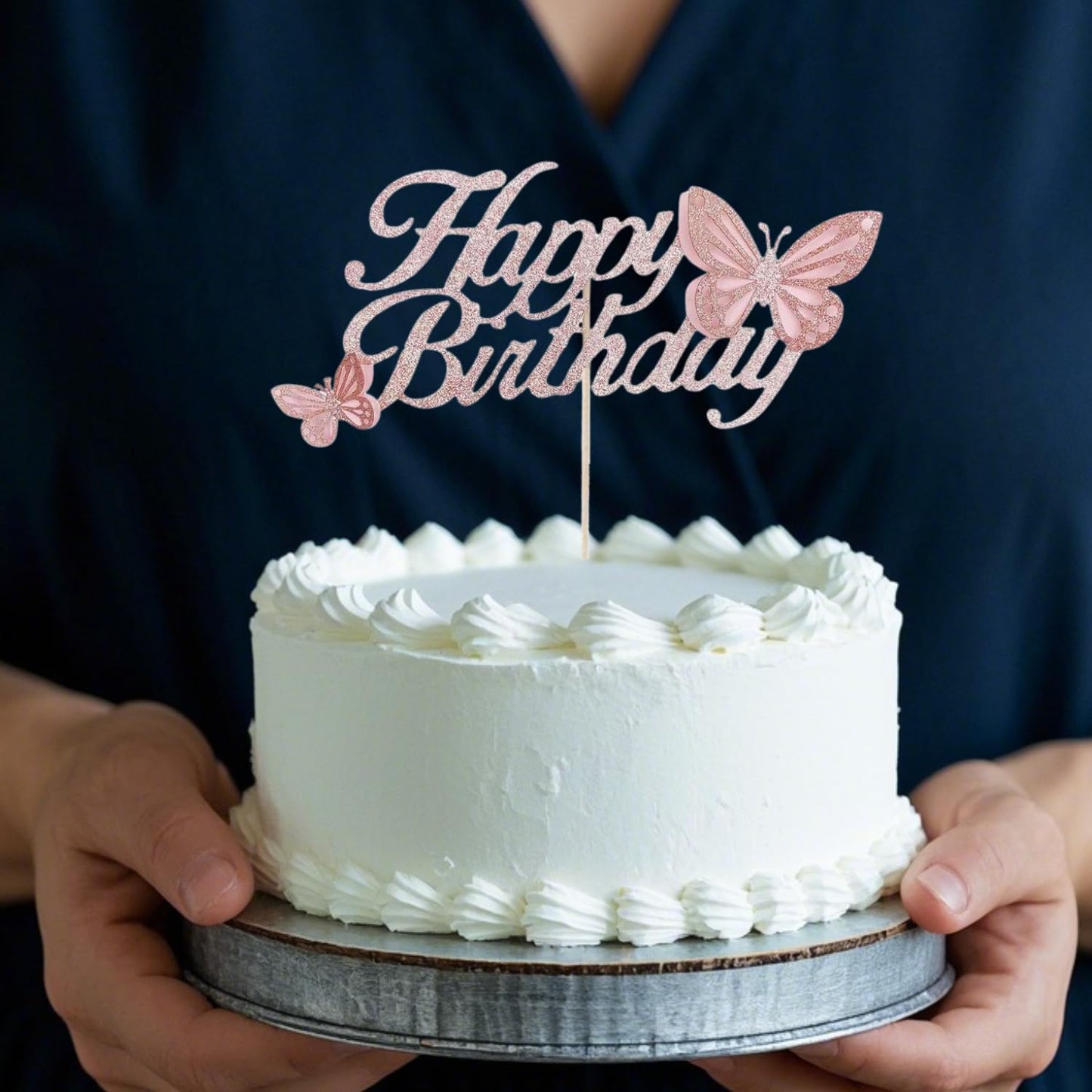 ALISSAR Rose Gold Happy Birthday Cake Topper with 3d Handmade Butterfly, Butterfly Cake Toppers for Girls Women's Birthday Cake Party Decorations