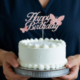 ALISSAR Rose Gold Happy Birthday Cake Topper with 3d Handmade Butterfly, Butterfly Cake Toppers for Girls Women's Birthday Cake Party Decorations