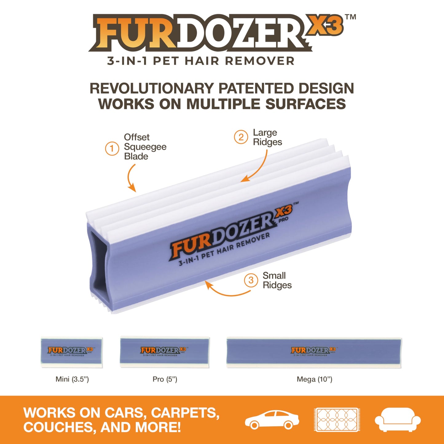 FurDozer Pet Hair Remover & Auto Detailing Tools - Cat & Dog Hair Remover for Carpets, Car Interiors, Couches, Bedding, & Pet Furniture (Purple, (3
