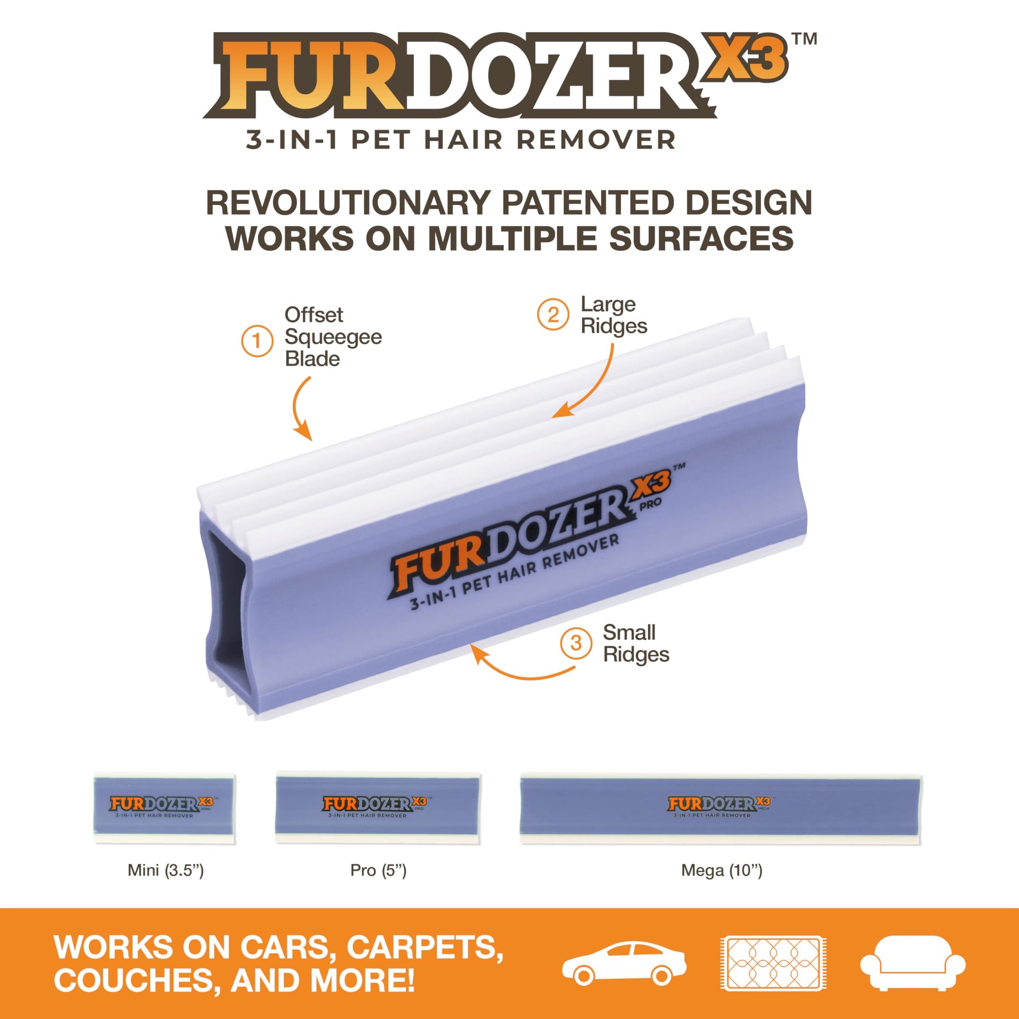 FurDozer Pet Hair Remover & Auto Detailing Tools - Cat & Dog Hair Remover for Carpets, Car Interiors, Couches, Bedding, & Pet Furniture (Purple, (3