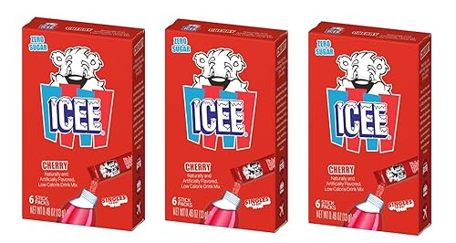 ICEE Cherry Singles To Go - Pack of 3 - Powdered Drink Mix - Zero Sugar - 6 Sticks Per Box - 18 Servings