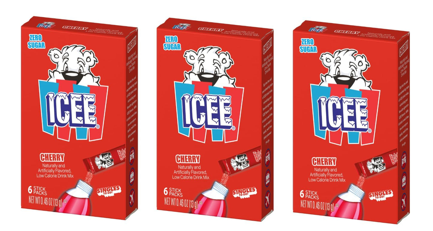 ICEE Cherry Singles To Go - Pack of 3 - Powdered Drink Mix - Zero Sugar - 6 Sticks Per Box - 18 Servings