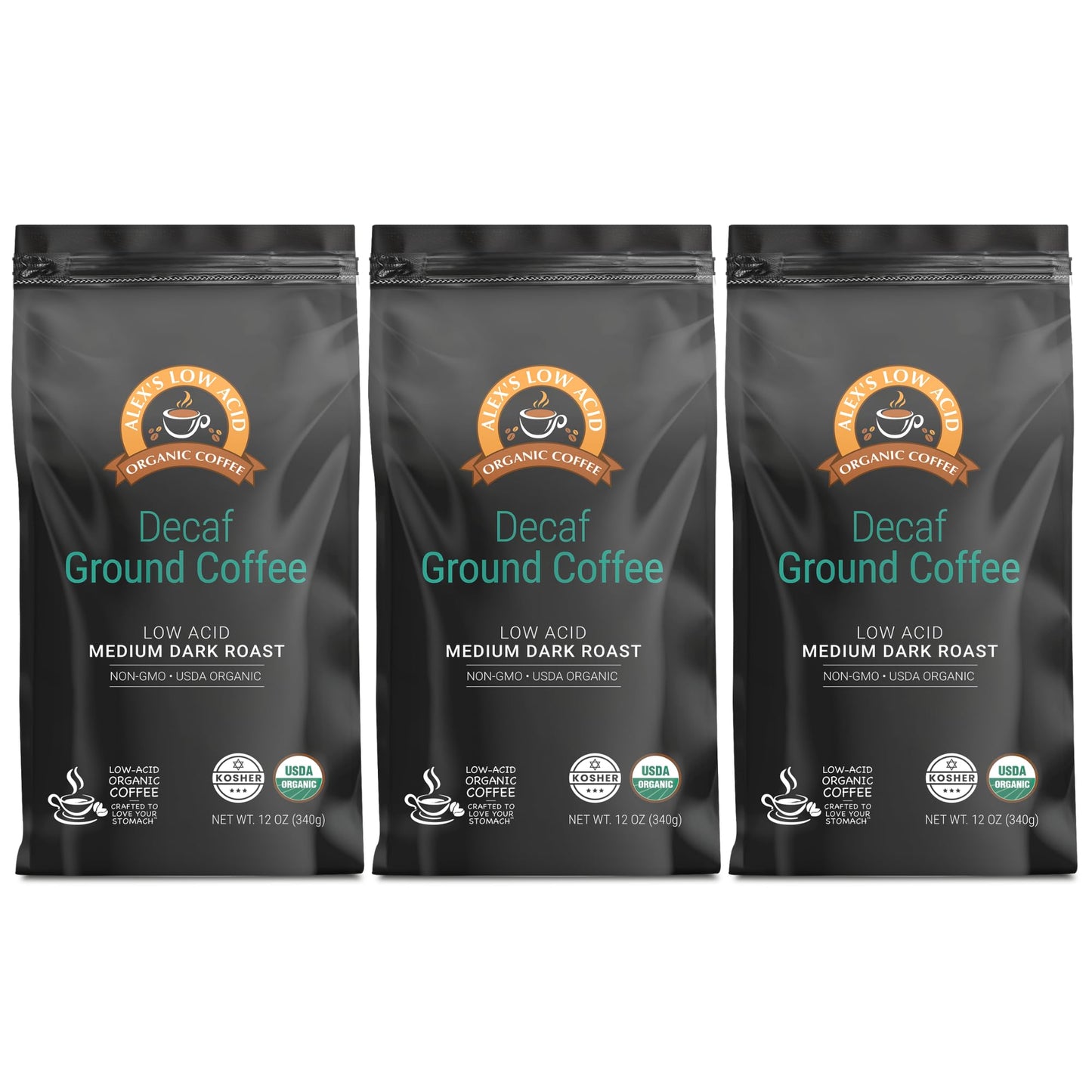 Alex's Low Acid Organic Coffee 12oz Bag (Pack of 3) (Fresh Ground Decaf)