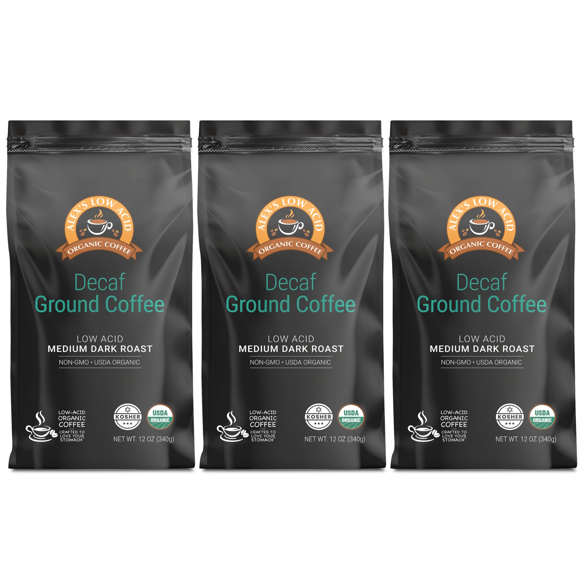 Alex's Low Acid Organic Coffee 12oz Bag (Pack of 3) (Fresh Ground Decaf)