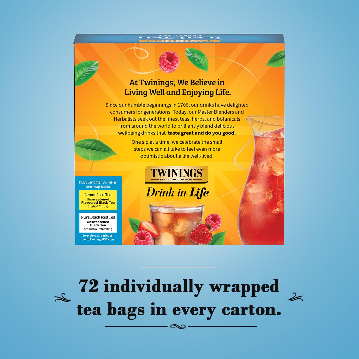 Twinings Strawberry & Raspberry Unsweetened Iced Tea 2-Pack - Oversized Herbal Teas, 72 Bags Per Box