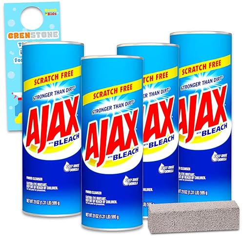 Ajax Powder Cleaner with Bleach Powder 21 oz | Scratch-Free | 4 Pack with Pumice Stick (84 Oz Total) Ajax Bathroom Cleaner 5 Piece Set