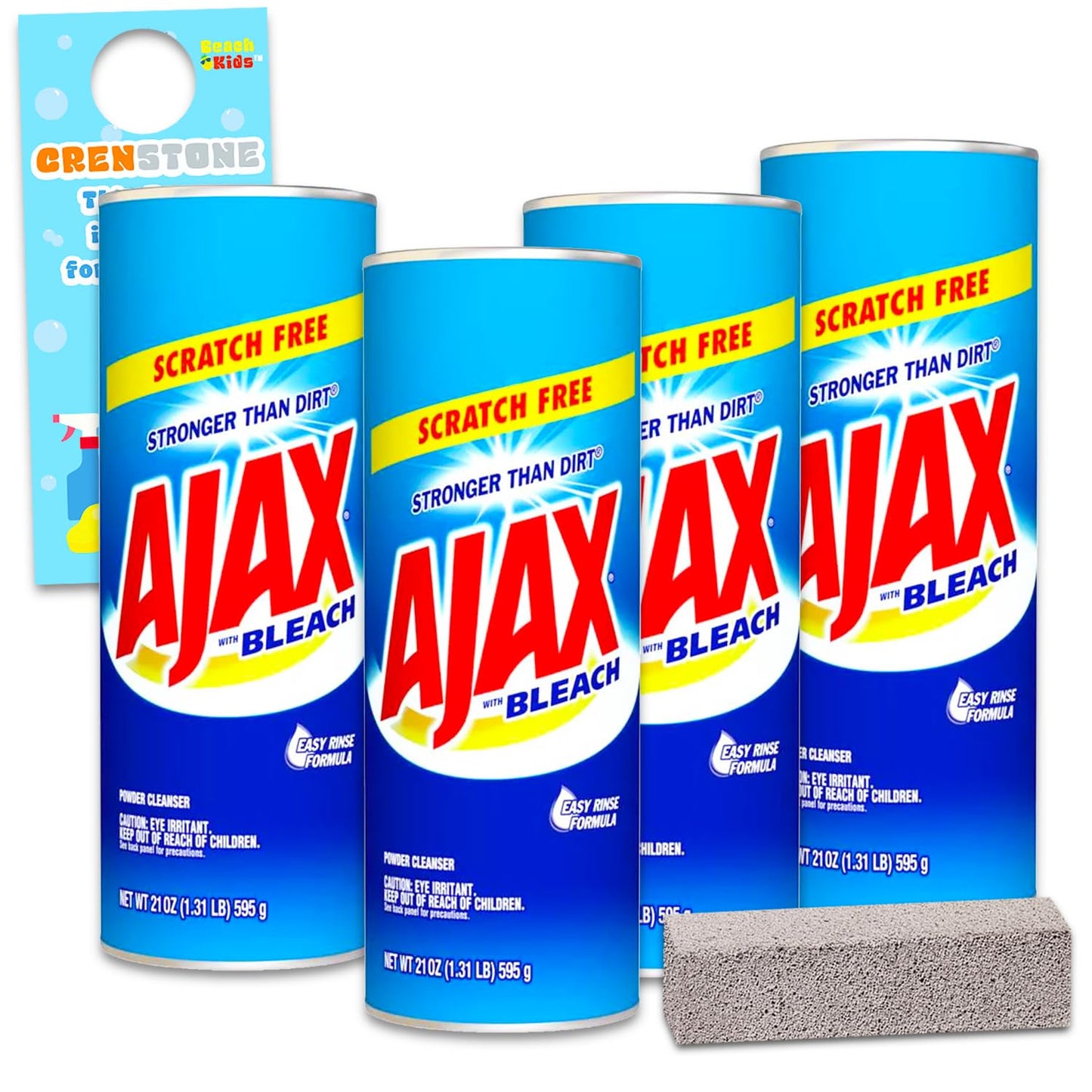 Ajax Powder Cleaner with Bleach Powder 21 oz | Scratch-Free | 4 Pack with Pumice Stick (84 Oz Total) Ajax Bathroom Cleaner 5 Piece Set