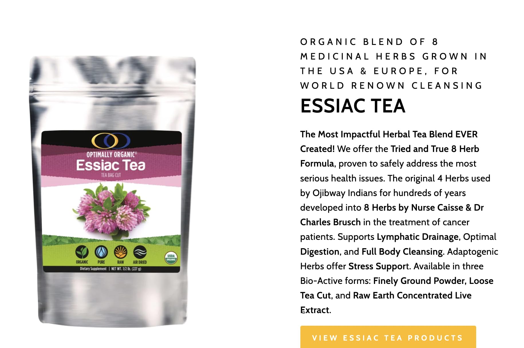 Optimally Organic ESSIAC Tea - Tea Bag Cut - 8 Herb Recipe by Rene Caisse! USA & EU Grown Burdock Root - Sheep Sorrel Whole Plant with Roots - Blessed