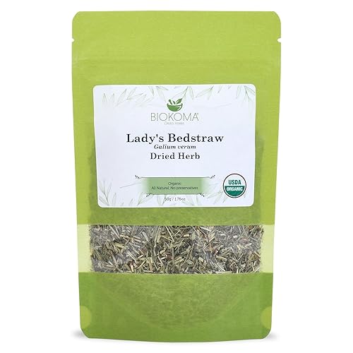 Biokoma Organic Lady's Bedstraw Dried Herb 50g 1.76oz Premium Galium Verum USDA Organic Herbal Tea Lymphatic Kidney Support Resealable Pouch No