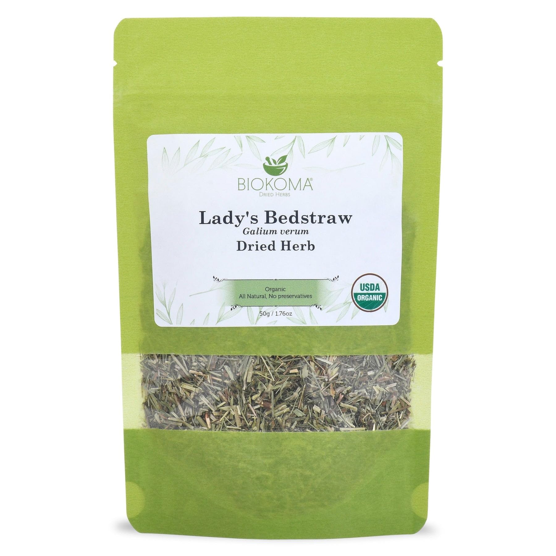 Biokoma Organic Lady's Bedstraw Dried Herb 50g 1.76oz Premium Galium Verum USDA Organic Herbal Tea Lymphatic Kidney Support Resealable Pouch No