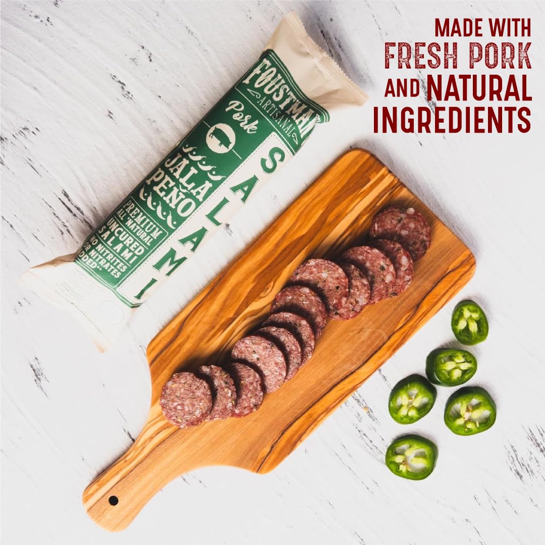 Foustman's Salami Jalapeno Pork Artisanal, Nitrate-Free, Naturally Cured Lunch Meat, Gluten-Free, Dairy-Free, 8 Oz.