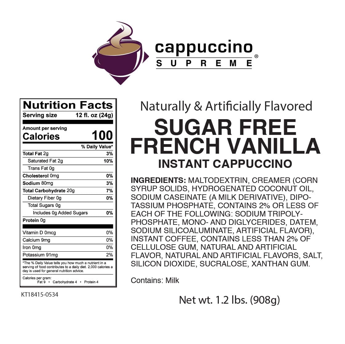 Cappuccino Supreme 1.2 lb bag Sugar Free French Vanilla Instant Cappuccino Mix