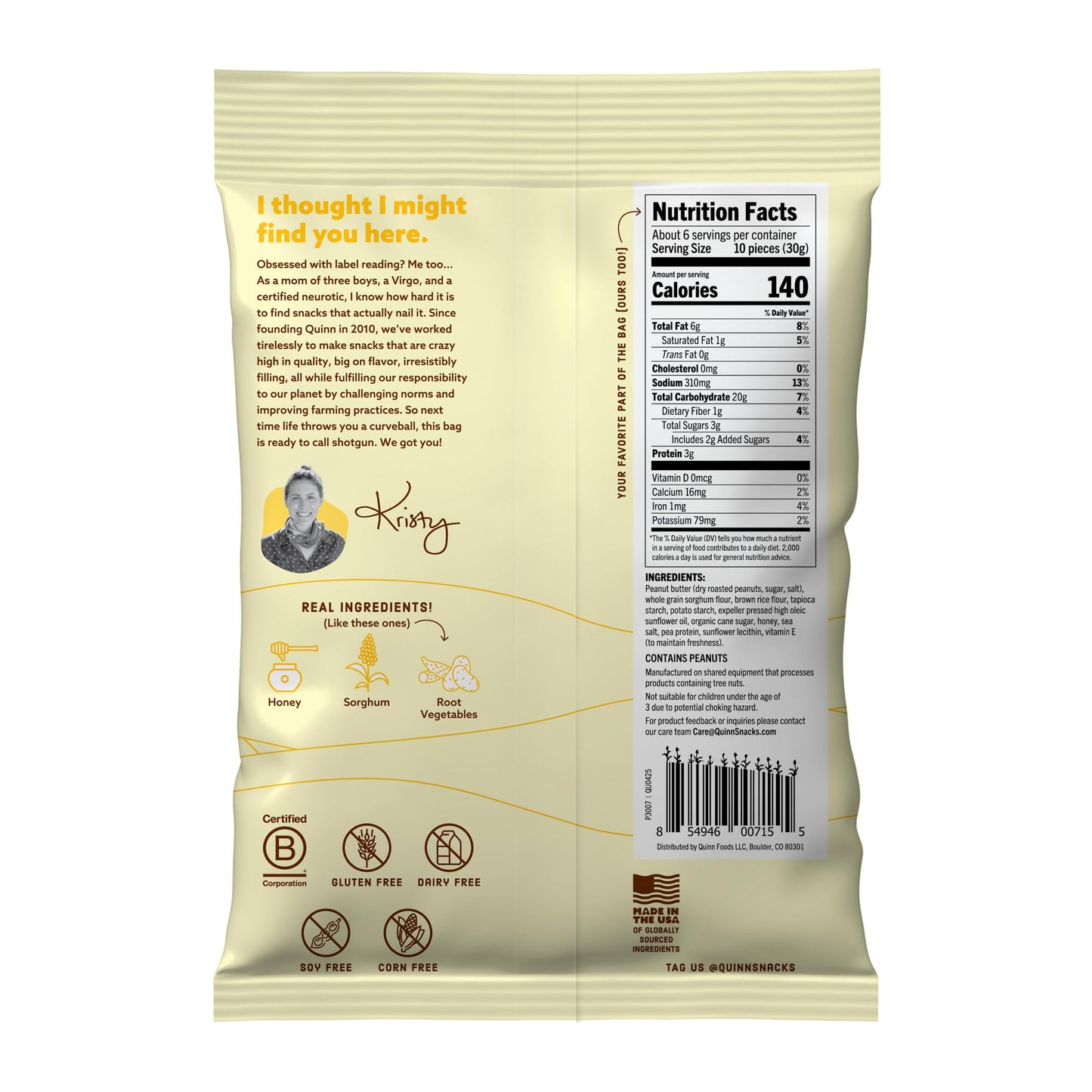Quinn Snacks Peanut Butter & Honey Filled Pretzel Sticks - Gluten Free Snack, Sweet & Salty, Made with Real Natural Ingredients, Peanuts, Sorghum
