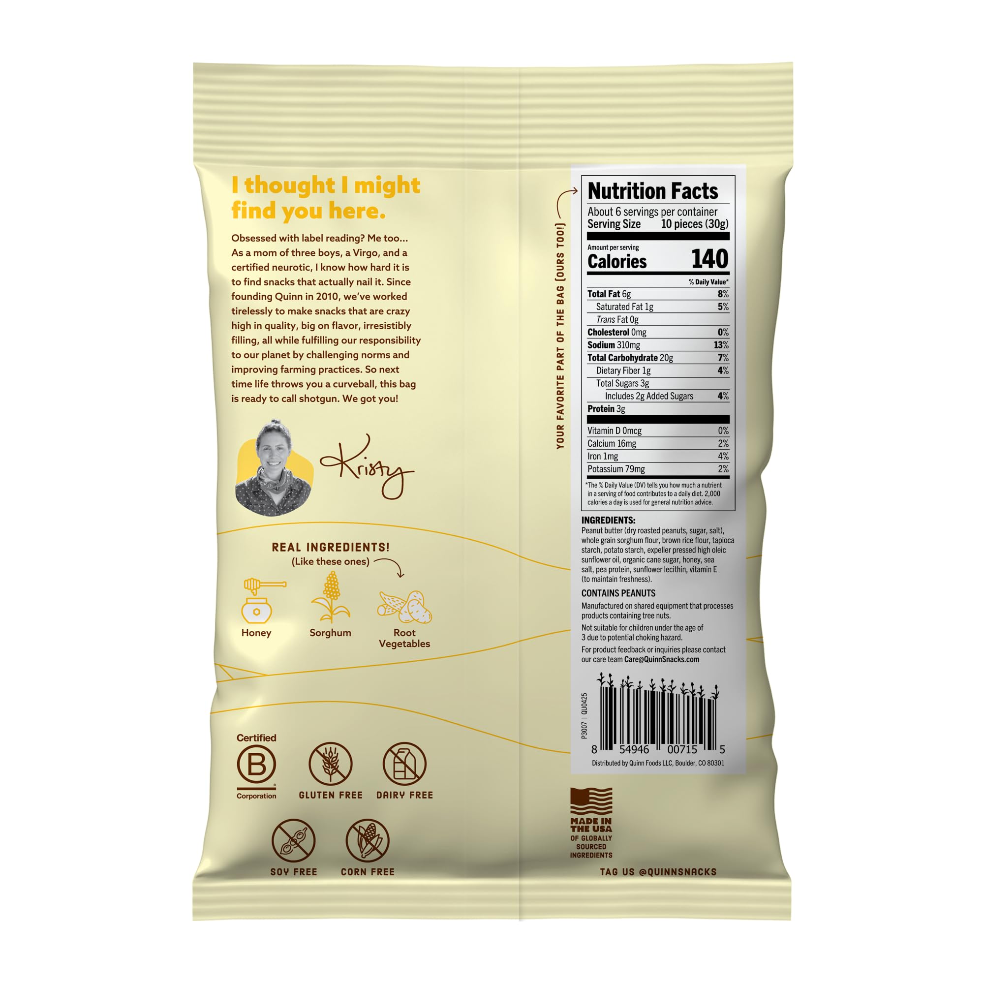 Quinn Snacks Peanut Butter & Honey Filled Pretzel Sticks - Gluten Free Snack, Sweet & Salty, Made with Real Natural Ingredients, Peanuts, Sorghum