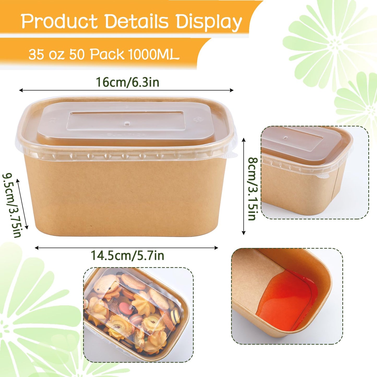 Gdotmely 50 Pack Paper Food Containers with Lids,35 oz Kraft Paper Bowls,Cardboard Meal Prep Containers with Lids for Salad,Snacks,Desserts,Hot/Cold
