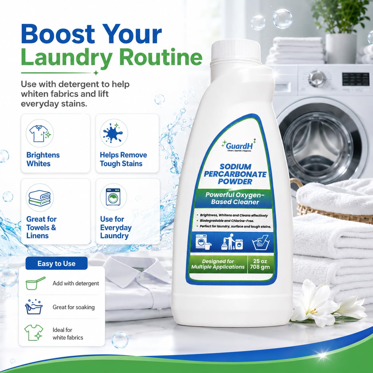GuardH Sodium Percarbonate Powder - 25 oz | Oxygen-Based Laundry Booster | Natural Stain Remover & Fabric Brightener