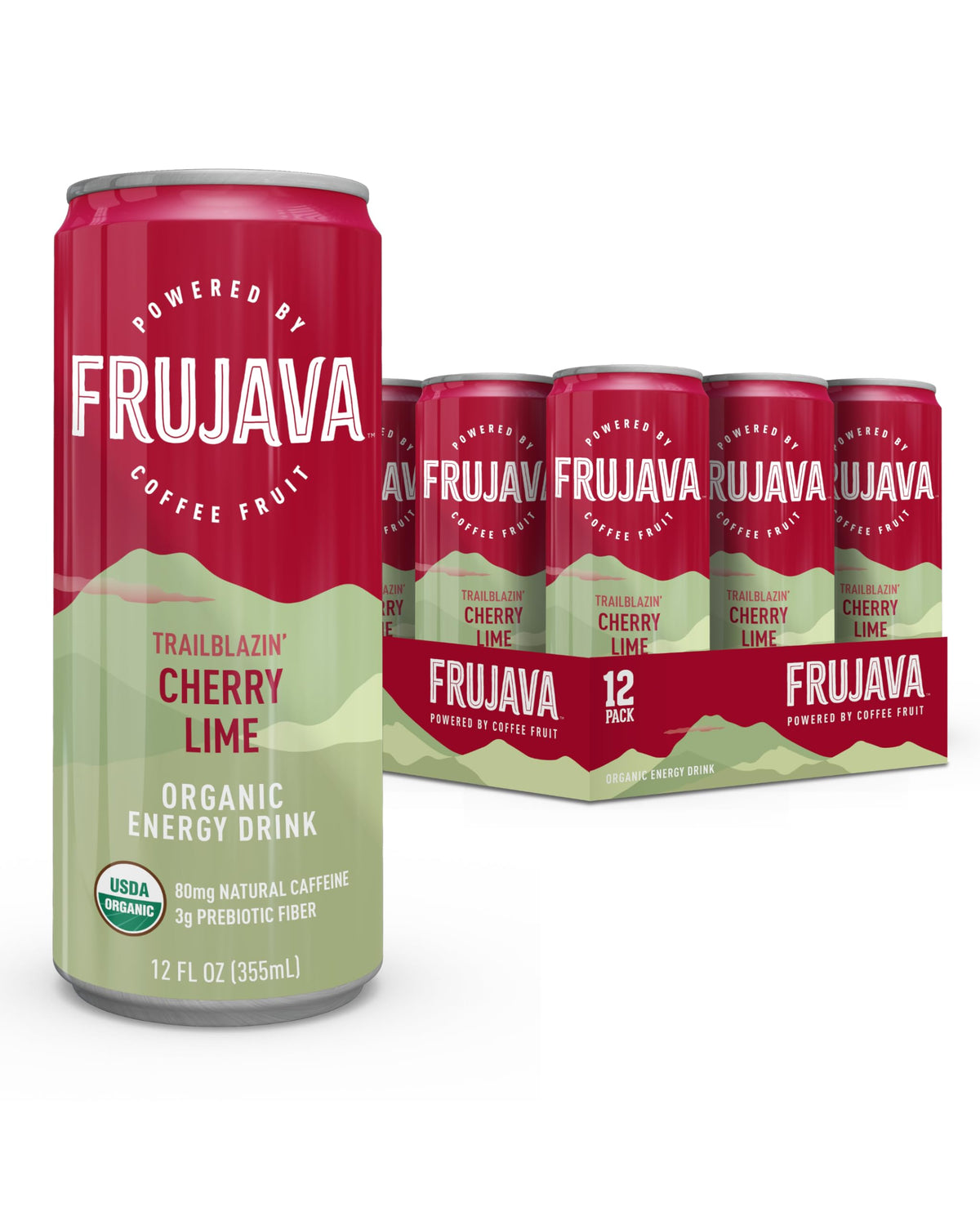 Frujava Organic Energy Drink, Trailblazin’ Cherry Lime, 80mg Natural Caffeine, 3g Prebiotic Fiber, 12oz Can, Powered by Coffee Fruit, Organic, Low