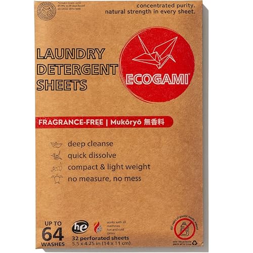 Ecogami Laundry Detergent Sheets - 32 Sheets (Up to 64 Loads), Available in Fragrance-Free or Takekaze, Plastic-Free, Biodegradable, Dissolvable