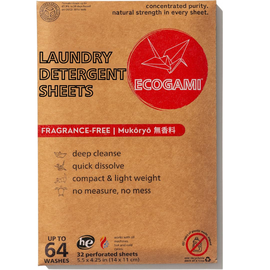 Ecogami Laundry Detergent Sheets - 32 Sheets (Up to 64 Loads), Available in Fragrance-Free or Takekaze, Plastic-Free, Biodegradable, Dissolvable